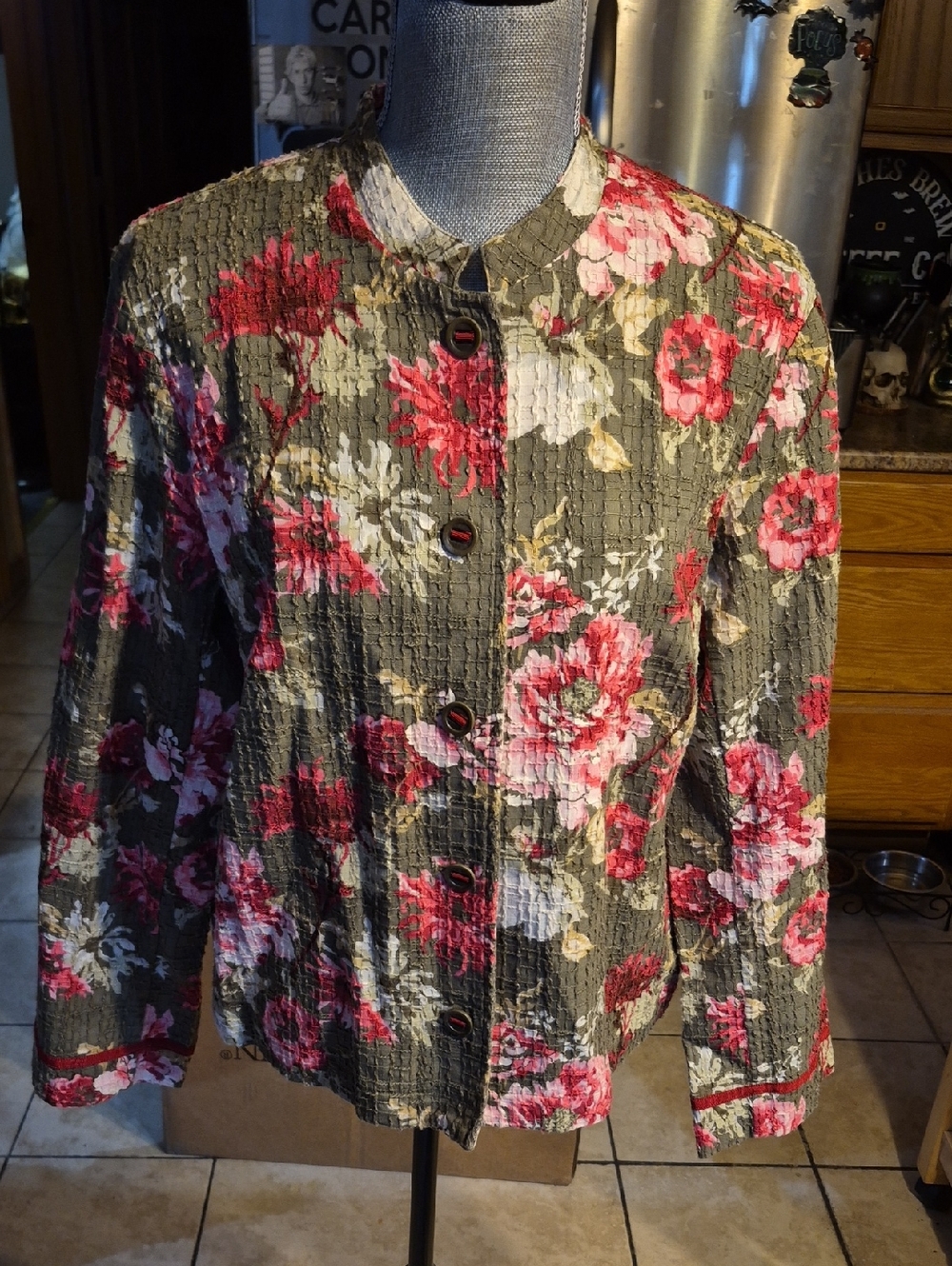 J. Jill Olive Floral Quilted Jacket with Pink & Red Roses